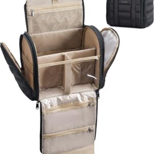 BAGSMART Travel Toiletry Bag with Removable Partition, Puffy Water-resistant Fabric Hanging Organizer for Full-Size Toiletries, Accessories, Black