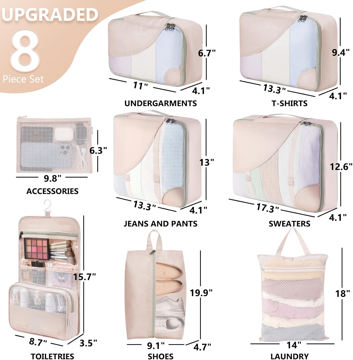 10 Set/8 Set Packing Cubes for Travel, Gifts for Women Mom,Anti-Tearing Suitcase Organizer for Luggage with Shoe & Hanging Toiletry Bag,OlarHike Vacation Essentials & Accessories for Cruise Ship,Cream - Image 2
