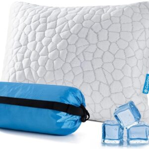 QUTOOL Cooling Small Travel Pillow for Sleeping 1 Pack, CertiPUR-US Shredded Memory Foam Camping Pillow, Backpacking for Hiking Gear, Portable Pillow with Travel Storage Bag