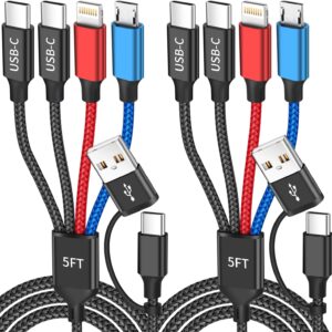 Travel 4 in 2 Charging Cable, USBA/C Multi Charging Cable for Multiple Devices with Two Type-C/Lightning/Micro USB, iPhone Charger Cord for iPhone17-12, Androids iPad, Car Accessories (2Packs, 5FT)