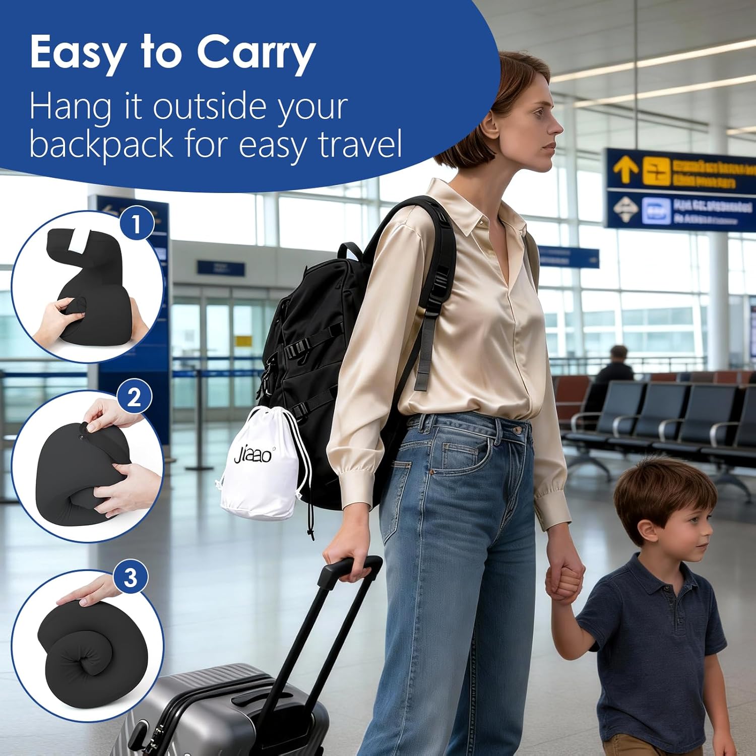 jiaao Travel Pillow Memory Foam Neck Pillow for Airplanes with Adjustable Neck Support, Includes Eye Mask, Earplugs & Storage Bag - Perfect for Flights, Road Trips, and Trains - Image 6