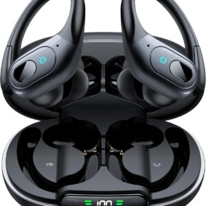 occiam Active Noise Cancelling Earbuds Wireless Bluetooth Headphones Ear Buds 90Hrs Playback Stereo Bass Earphones with Mic Over-Ear Hooks IPX7 Waterproof Headset for Work Sports Running Gym Black