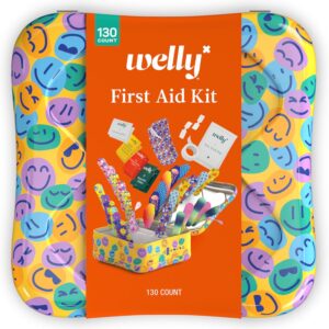 Welly First Aid Kit - Adhesive Flexible Fabric and Waterproof Bandages, Tape and Non-Stick Pads, Butterfly Strips, Single Use Ointments Triple Antibiotic and Hydrocortisone, and Ibuprofen - 130 Count