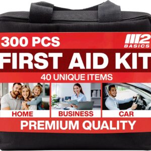 M2 BASICS Premium First Aid Kit, 300 Pieces, 40 Unique Items, All Purpose Kit for Home, Car, Business, Travel & Vehicle