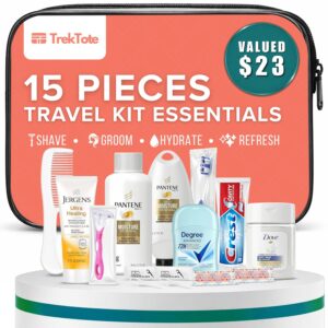 TrekTote 15 Piece Set Women’s Travel & Hygiene Kit with Clear Toiletry Bag, Personal Care Essentials, Single Kit or Bulk Case Packs