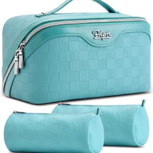 BOYATU Travel Makeup Bag Organizer Cosmetic Bag: 3 Pcs Set Make up Bags for Women with Handle - Waterproof Vegan Leather Toiletry Bags Travel Essentials Pouch with Compartments (01-C-Blue)
