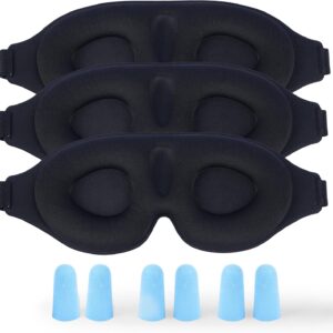 3 Pack 3D Contoured Sleep Eye Mask - with 3 Pack Ear Plugs – Soft Breathable Blackout Sleeping EyeMask for Men Women Adults – Lightweight Zero Pressure Eye Cover for Travel Naps Night Shift Meditation