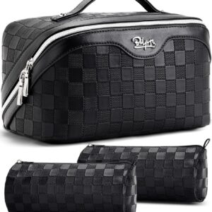 BOYATU Travel Makeup Bag Organizer Cosmetic Bag: 3 Pcs Set Large Capacity Make up Bag with Compartments - Waterproof Leather Toiletry Bags with Handle Travel Essentials Case Gifts for Women (01-Black)