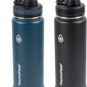 ThermoFlask Stainless Steel Water Bottles 2-Pack - Double-Wall Vacuum Insulated 24 oz BPA-Free Spout Lids - Keeps Drinks Cold 24 Hrs, Hot 12 Hrs - Leakproof, Dishwasher Safe, Mayan Blue/Black