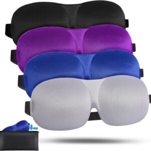 4 Pack Sleep Mask for Women and Men Adjustable Blackout 3D Eye Masks for Sleep, Blindfold with Storage Bag and Earplug for Travel Nap and Night (Black, Purple, Blue, Gray)
