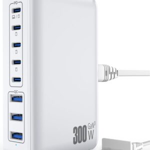 USB C Charger Block Charging Station - 300W Fast GaN 8-Port Multiple USB Charging Hub, Upgraded PD 100W Laptop Charger Compatible with MacBook Pro/Air, iPad, iPhone 16/15/14, Galaxy S23/22, 5ft Cord