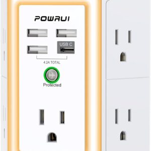 3-Sided Outlet Extender with Night Light - POWRUI Multi Plug Outlet with 5 Outlets and 4 USB Ports(1 USB-C), USB Wall Charger for Home, Office, Travel, ETL Listed, White