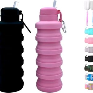 Collapsible water bottles 2 Pack with brush,BPA Free Travel Silicone Water Bottle with Carabiner,Reusable Foldable Portable Lightweight Sports bottles for Gym Camping Hiking (Black+Pink)