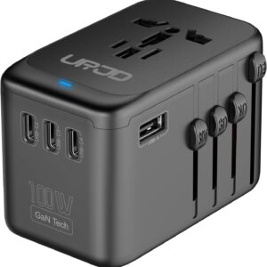 Universal Travel Adapter 100W GaN Fast Charger in One, 4 USB C 1 USB A Ports & 2500W AC Outlet, International Power Plug Adapter with EU UK US AUS Plugs for 200+ Countries