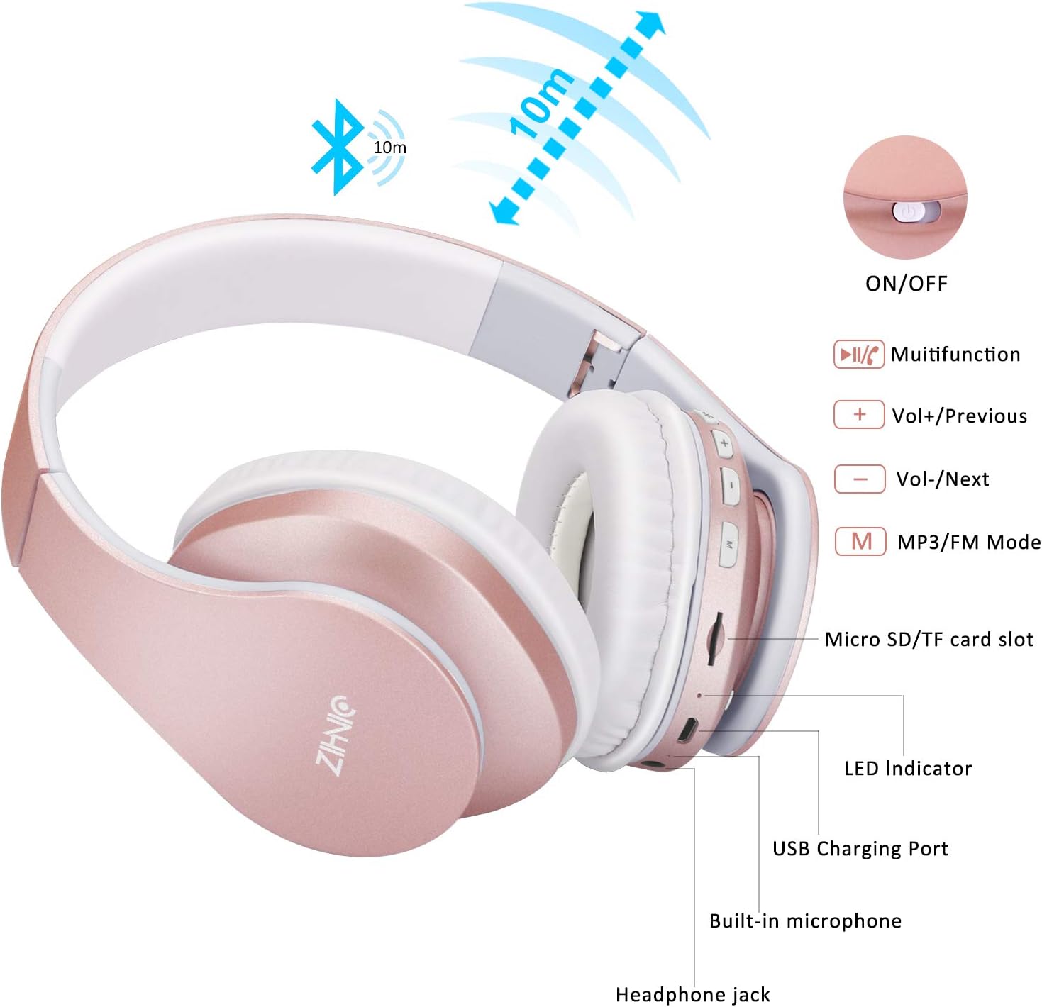ZIHNIC Bluetooth Headphones Over-Ear, Foldable Wireless and Wired Stereo Headset Micro SD/TF, FM for Cell Phone,PC,Soft Earmuffs &Light Weight for Prolonged Wearing(Rose Gold) - Image 6