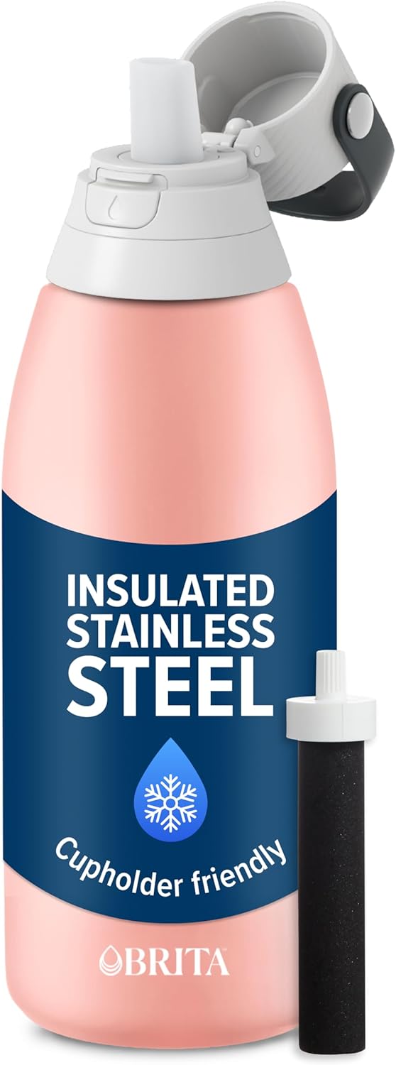 Brita Stainless Steel Premium Filtering Water Bottle, BPA-Free, Reusable, Insulated, Replaces 300 Plastic Water Bottles, Filter Lasts 2 Months or 40 Gallons, Includes 1 Filter, Rose - 32 oz