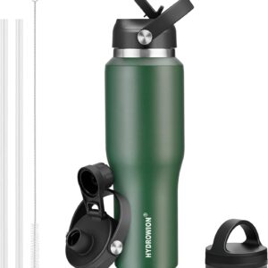 40 oz Insulated Water Bottle with Straw fit in Car Cup Holder(Cold 48 hrs, Hot 24 hrs) Drinking Bottle with Straw Lid, Spout Lid and Flex Cap Leakproof Travel Thermo Mug，Olive