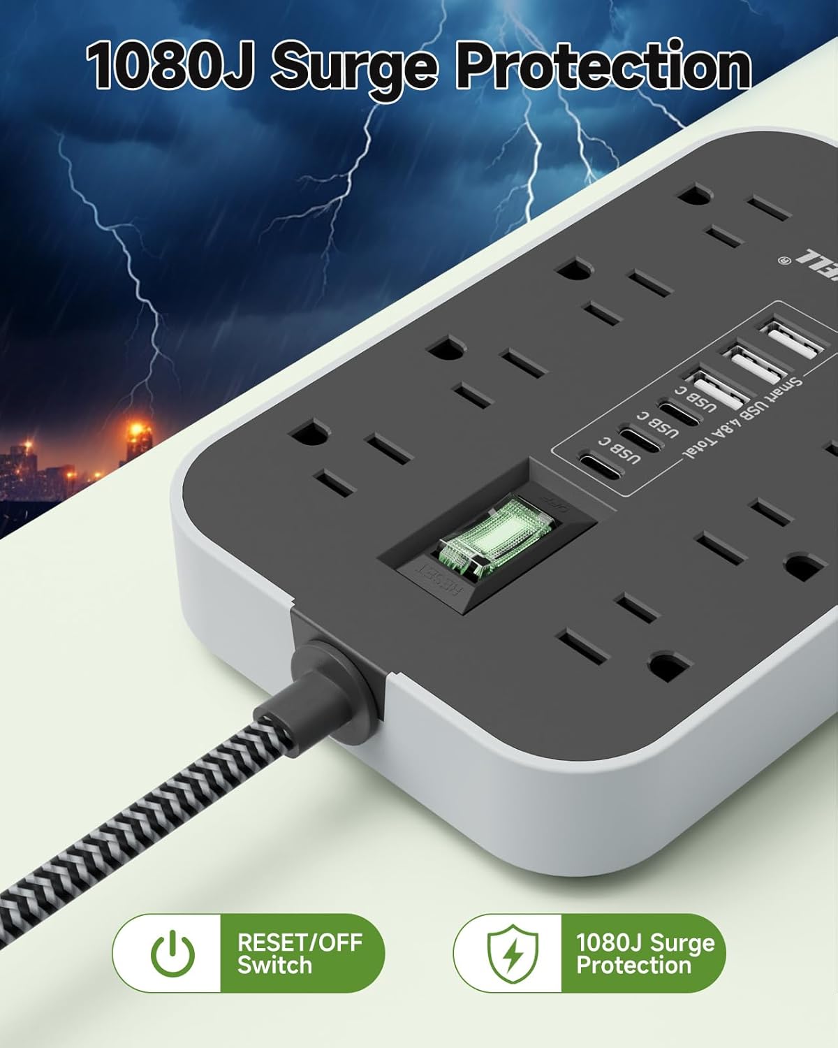 Power Strip Surge Protector- 5FT Flat Plug Extension Cord, 8 AC Outlet& 6 USB Ports(3 USB C), 1080 J Surge Protection, Desk Charging Station, Overload Switch, Home, Office, Gaming Room Essentials. - Image 6