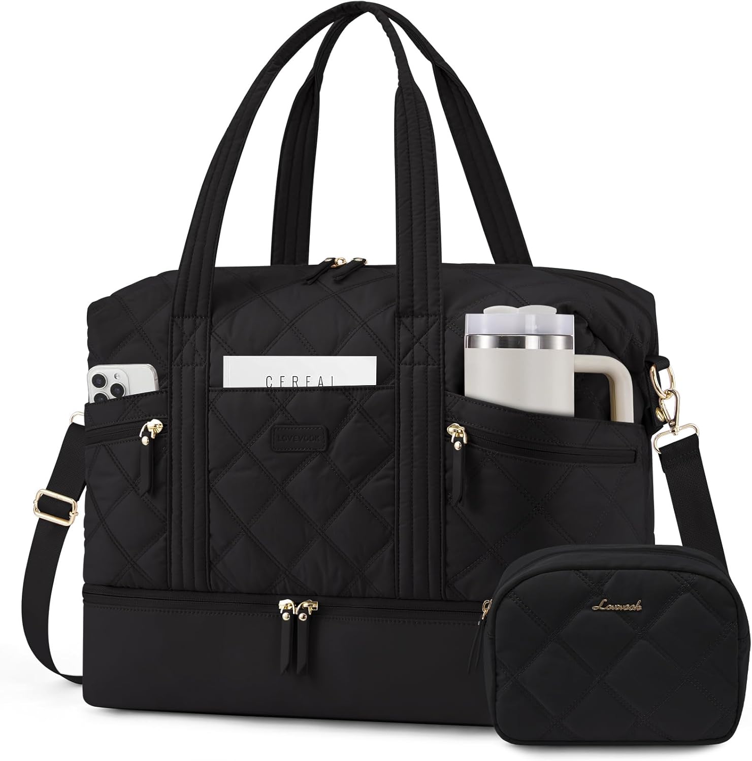 LOVEVOOK Travel Duffle Bag, Lightweight Weekender Bags for Women with Shoe Compartment, 40L Puffer Gym Bag Personal Item Travel Bag, Overnight Bags and Hospital Bag for Labor and Delivery, Black