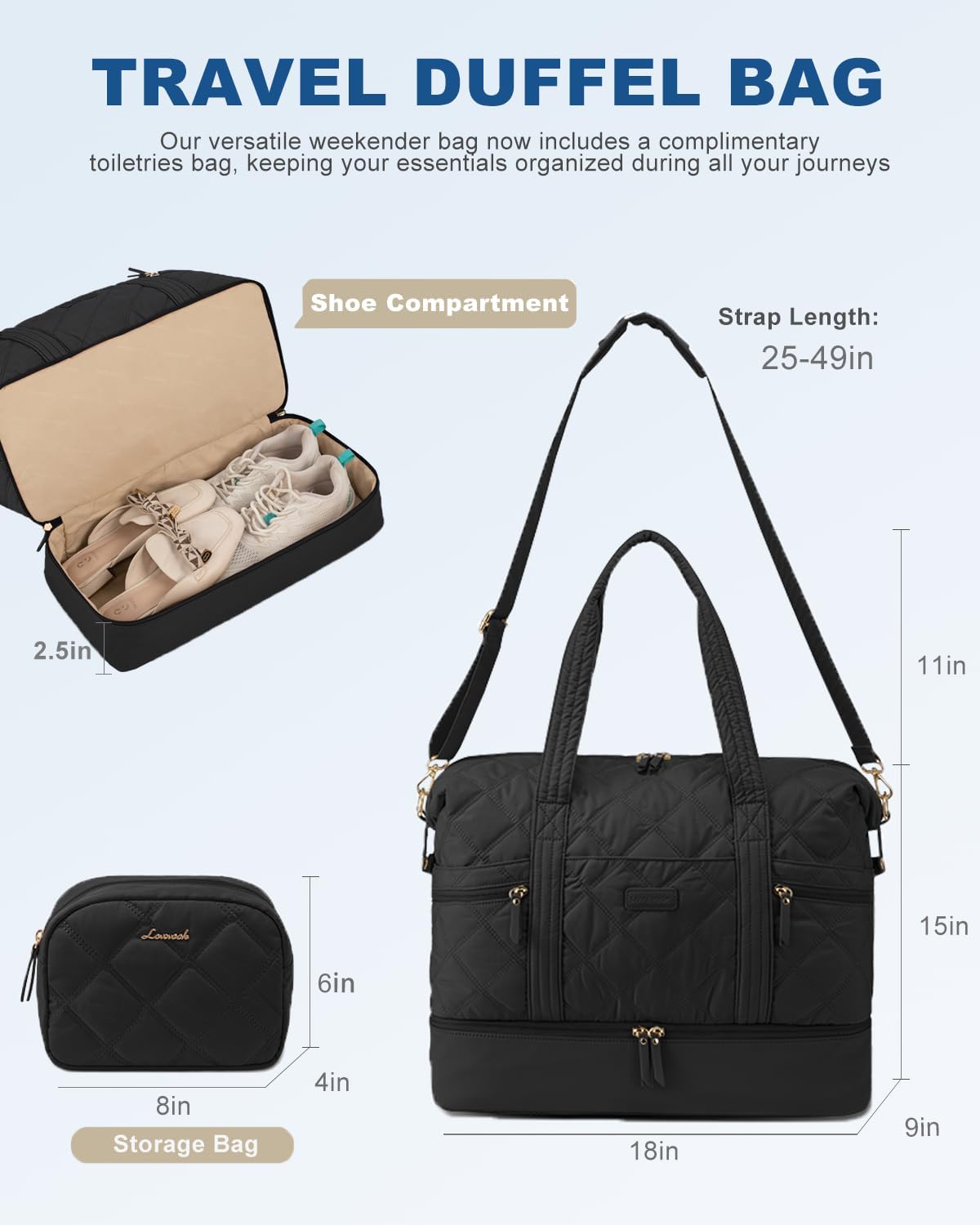 LOVEVOOK Travel Duffle Bag, Lightweight Weekender Bags for Women with Shoe Compartment, 40L Puffer Gym Bag Personal Item Travel Bag, Overnight Bags and Hospital Bag for Labor and Delivery, Black - Image 2