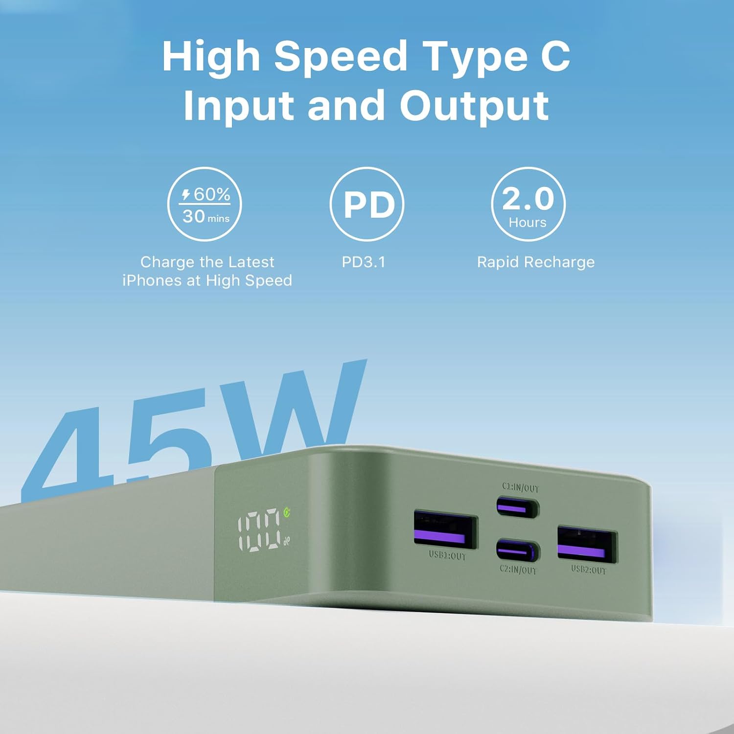 J2621 Power Bank Portable Charger 20000mAh 45W, PD3.0 QC 4.0 Fast Charging Battery Pack with LED Display,2 USB-C,2 USB-A for iPhone 15 16, MacBook - Image 4