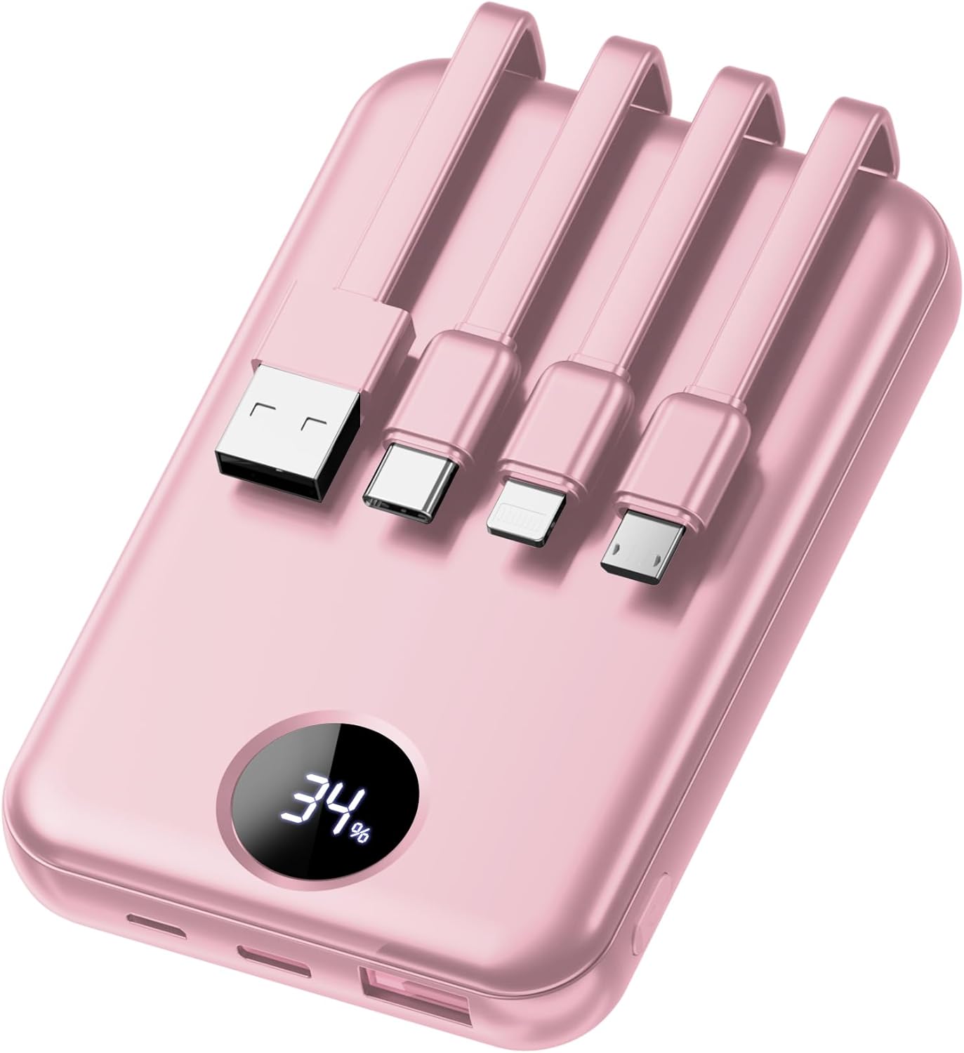Portable Charger 10000mAh Power Bank with 4 Built-in Cables,LED Display Compact and Battery Pack with Multiple USB Ports All-in-One Travel Charger for iPhone,Android and Other Devices-Pink - Image 4