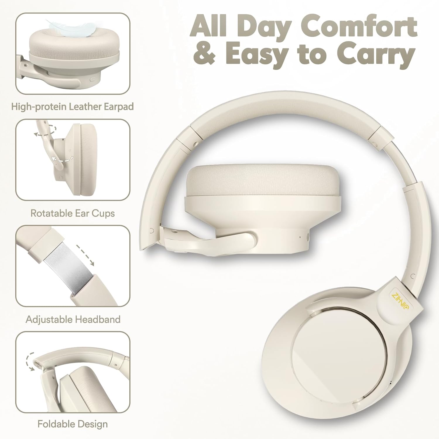 ZIHNIC Active Noise Cancelling Headphones, 60H Playtime Wireless Bluetooth Headset Low Latency-Milky White - Image 5