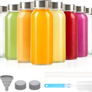 Zukro Glass Juice Bottles 10.5 oz, 8 Pack Reusable Small Clear Water Container With Stainless Steel Lids & Straw for Juicing, Smoothie, Travel, Homemade Drinks, Fridge, Leak Proof & BPA Free