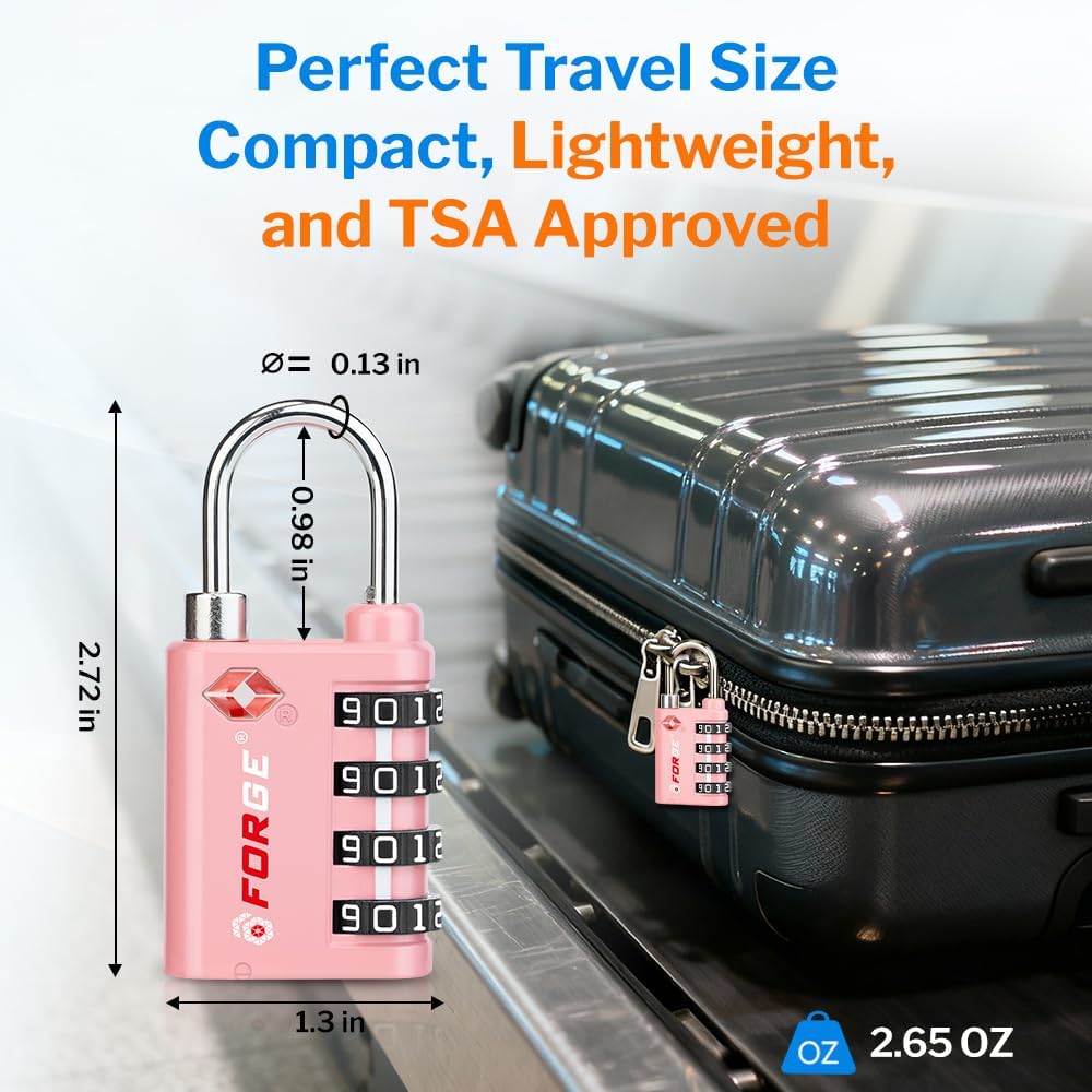Forge Dual-Opening: Key or Combination Lock, TSA Approved Lock for Luggage, Pelican case, Travel, Gym, School, Luggage Combination Lock, Travel Bag Lock (Pink 2 Pk) - Image 5