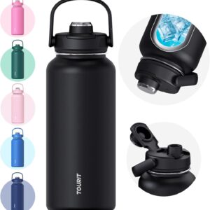 TOURIT 32 oz Insulated Water Bottle, Stainless Steel Sports Water Bottles With Top Handle, Double-Wall Travel Thermal Water Flask, BPA Free Leakproof Water Bottle for Sports and Travel (Obsidian)