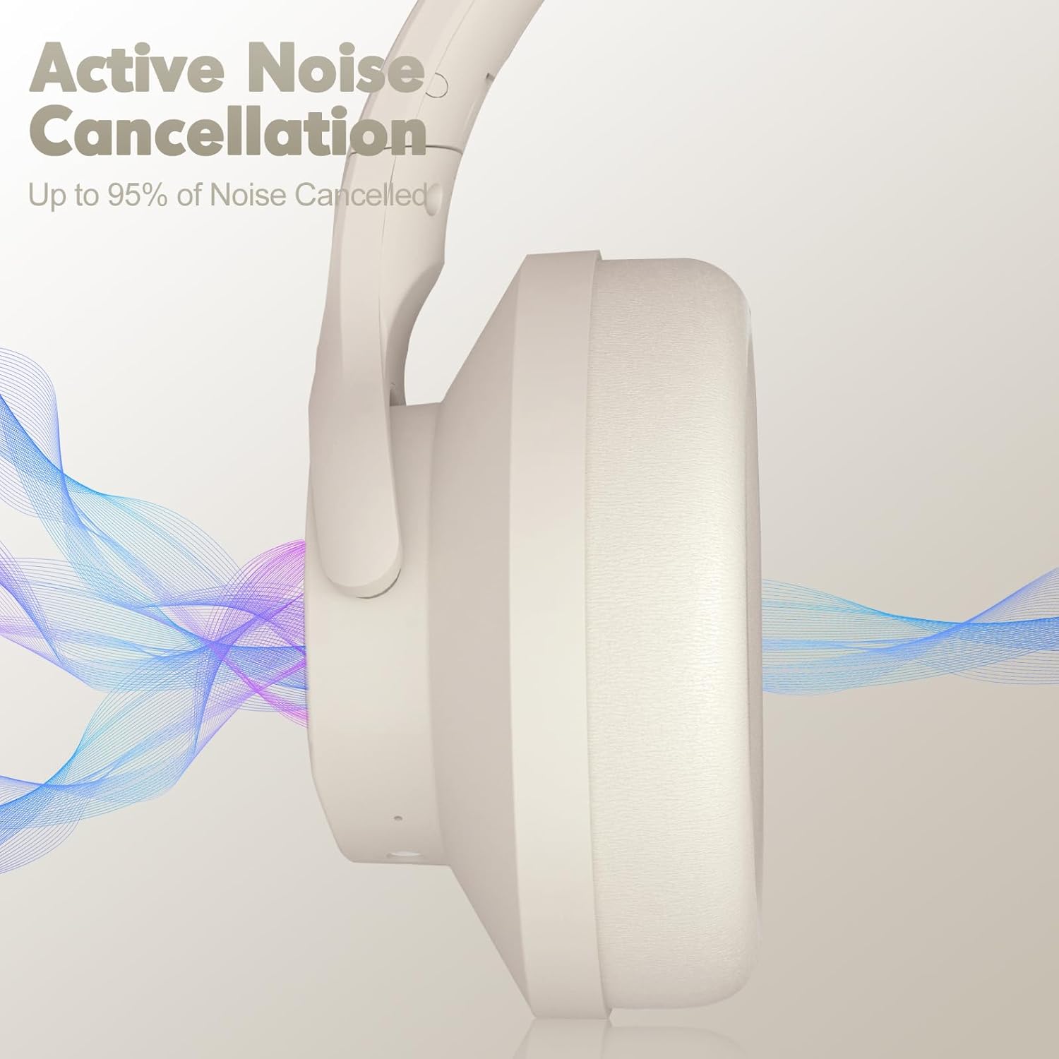 ZIHNIC Active Noise Cancelling Headphones, 60H Playtime Wireless Bluetooth Headset Low Latency-Milky White - Image 2
