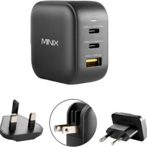 MINIX 66W Turbo 3-Port GaN Wall Charger 2 x USB-C Fast Charging Adapter, 1 x USB-A Quick Charge 3.0, Compatible with MacBook Pro Air, iPad Pro, iPhone 16/15/13/12/11, Galaxy S9 S8 and More (NEO P1)