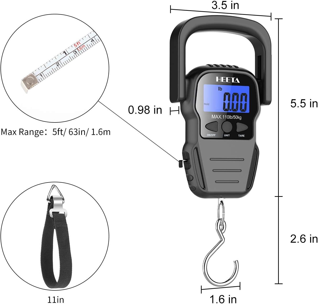 HEETA Fish Scale with Backlit LCD Display, Up to 110lb/50kg Digital Portable Hanging Fish Weight Scale with Hook & Measuring Tape for Home, Farm, Outdoor, Hunting, Fishing, 2 AAA Batteries Included - Image 4