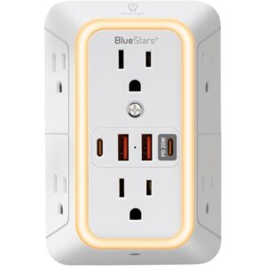 Surge Protector Outlet Extender, 6 Outlets & 4 USB Ports with Fast Charging Type C PD 20W, Night Light, 3-Sided Power Strip, Multi Plug Wall Charger for Home, Office, Travel, Cruise Ship