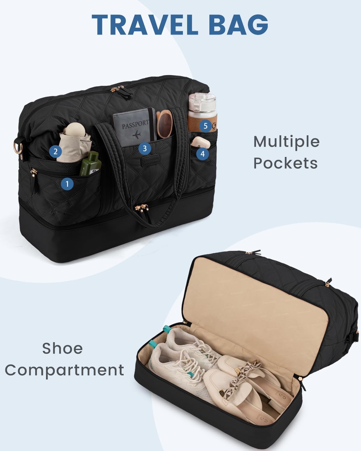 LOVEVOOK Travel Duffle Bag, Lightweight Weekender Bags for Women with Shoe Compartment, 40L Puffer Gym Bag Personal Item Travel Bag, Overnight Bags and Hospital Bag for Labor and Delivery, Black - Image 9