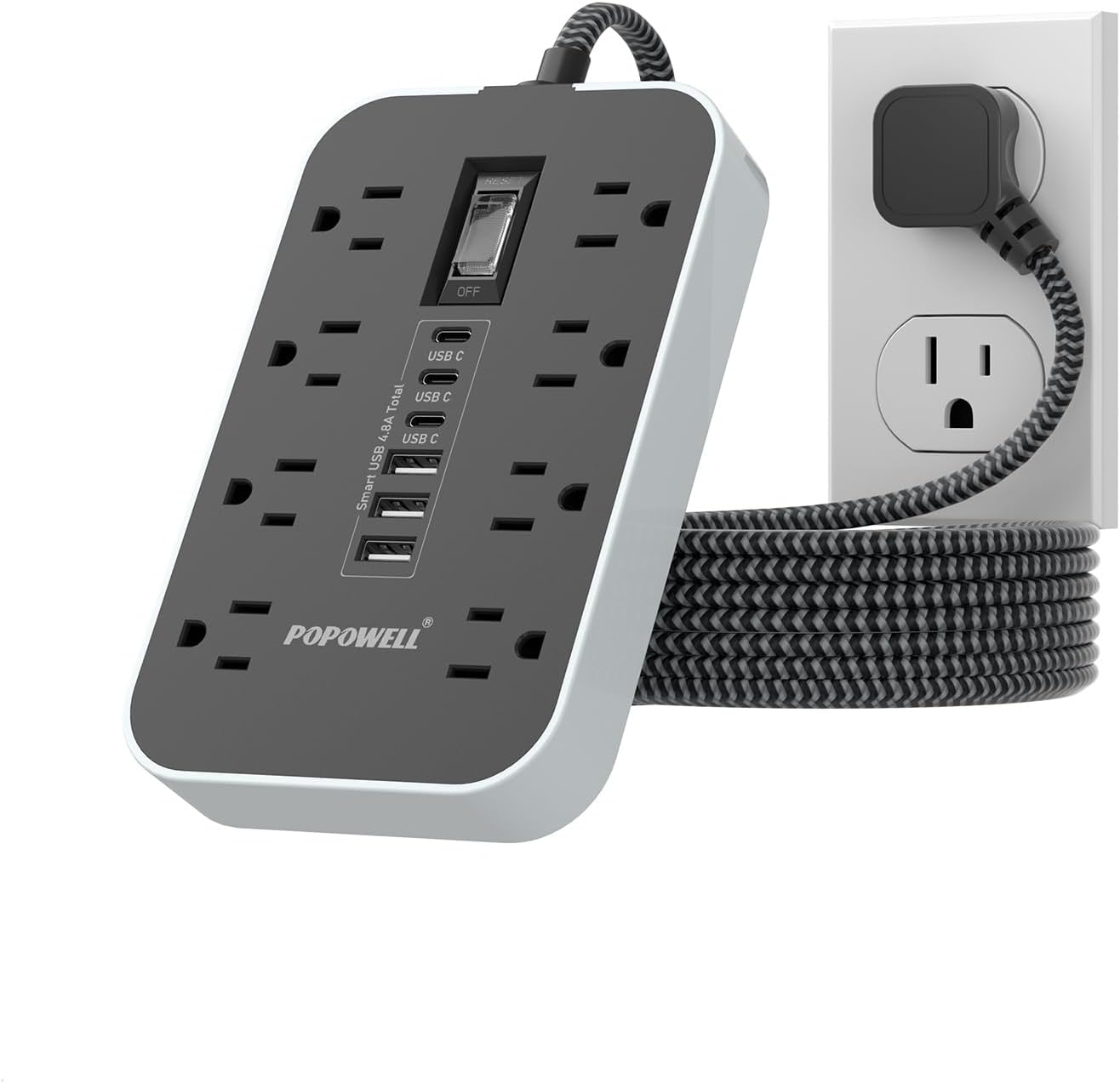 Power Strip Surge Protector- 5FT Flat Plug Extension Cord, 8 AC Outlet& 6 USB Ports(3 USB C), 1080 J Surge Protection, Desk Charging Station, Overload Switch, Home, Office, Gaming Room Essentials.