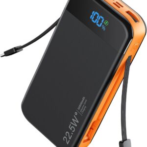 Portable Charger Power Bank Built-in Cables, 32000mAh 22.5W USB C Fast Charging, 5 Outputs 3 Inputs Travel Essentials Battery Pack Compatible with iPhone, iPad, Samsung, Google Pixel, Orange