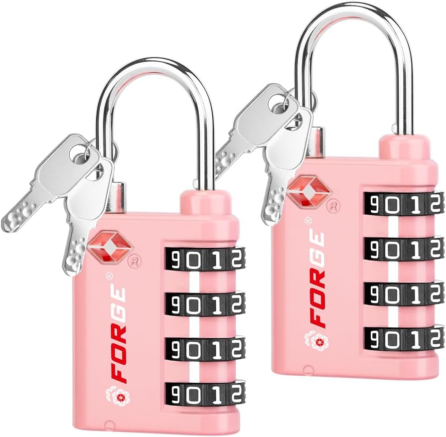 Forge Dual-Opening: Key or Combination Lock, TSA Approved Lock for Luggage, Pelican case, Travel, Gym, School, Luggage Combination Lock, Travel Bag Lock (Pink 2 Pk)