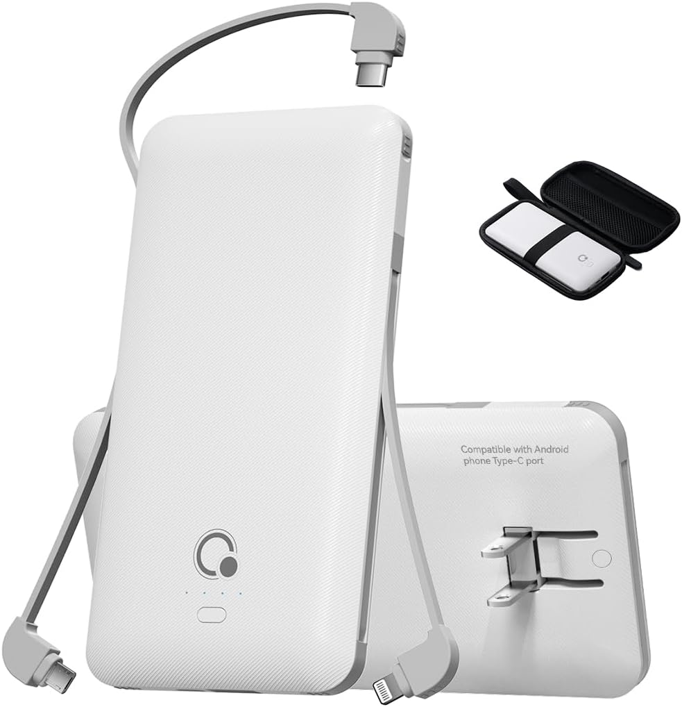 Brand Q Portable Charger with Built-in Cables and AC Wall Plug,Slim USB C Power Bank 10000mAh,External Battery Pack Compatible with iPhone,Samsung,Tablet and All Smart Phones …