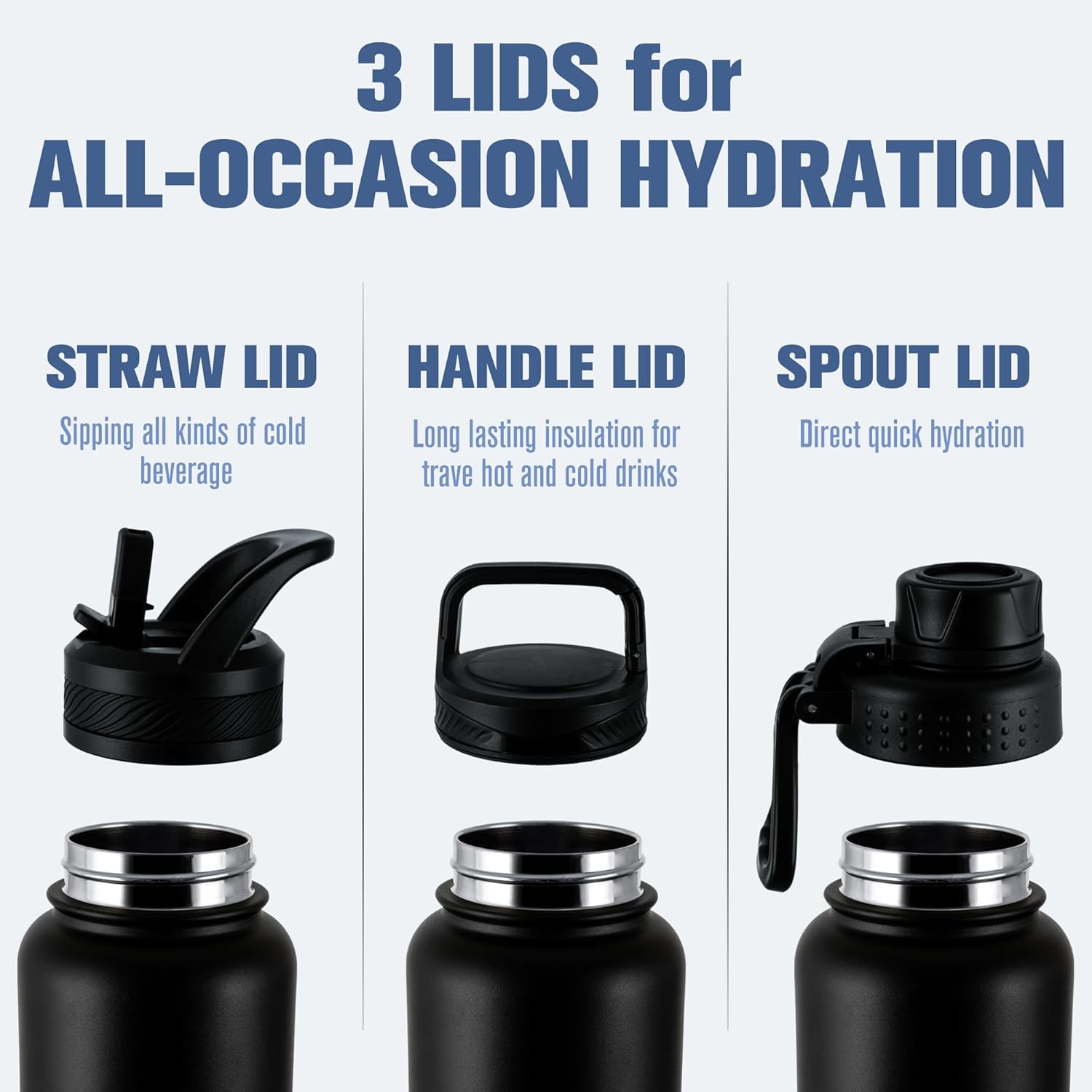 OLDLEY 32 oz Insulated Water Bottle With Straw, Stainless Steel Sports Water Cup Flask with 3 Lids(Straw, Spout and Handle Lid) Double Walled Travel Thermal Canteen Mug,Black - Image 2