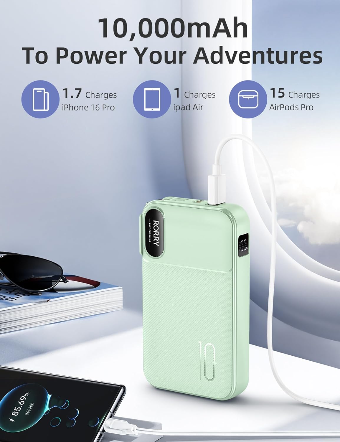 RORRY Portable Charger Built in Cables, AC Wall Plug In Portable Charger Power Bank 10000mAh Travel Battery Pack 22.5W Fast Charging for iPhone 17/16/15 Samsung Galaxy S25/S24/S23 Pixel LG iPad, Green - Image 4