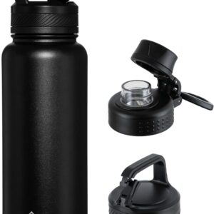OLDLEY 32 oz Insulated Water Bottle With Straw, Stainless Steel Sports Water Cup Flask with 3 Lids(Straw, Spout and Handle Lid) Double Walled Travel Thermal Canteen Mug,Black