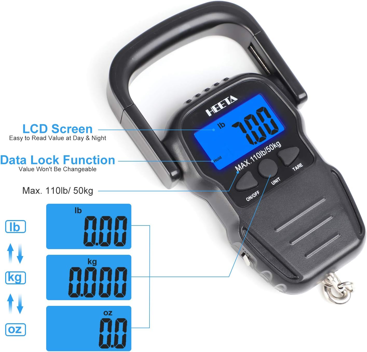 HEETA Fish Scale with Backlit LCD Display, Up to 110lb/50kg Digital Portable Hanging Fish Weight Scale with Hook & Measuring Tape for Home, Farm, Outdoor, Hunting, Fishing, 2 AAA Batteries Included - Image 3