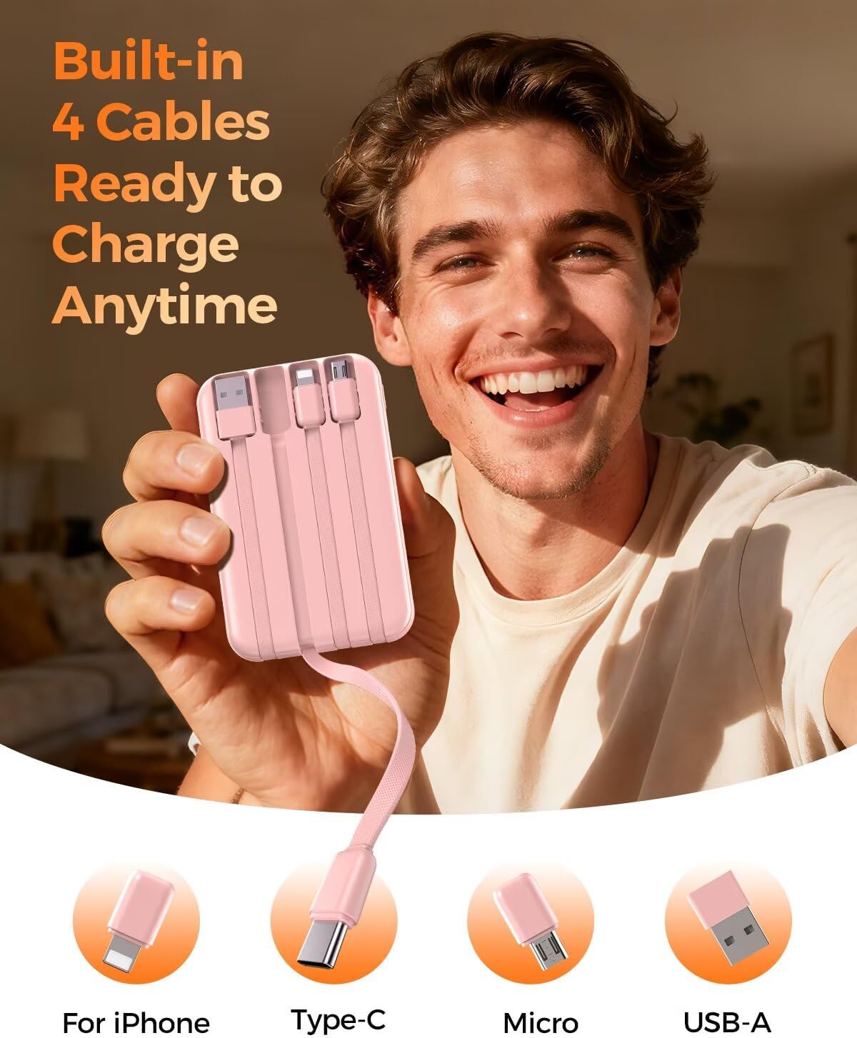 Portable Charger 10000mAh Power Bank with 4 Built-in Cables,LED Display Compact and Battery Pack with Multiple USB Ports All-in-One Travel Charger for iPhone,Android and Other Devices-Pink - Image 2