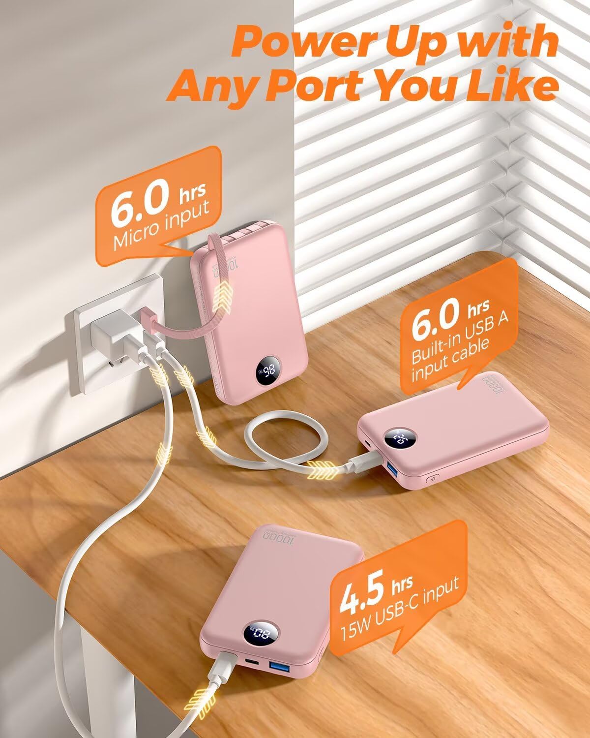 Portable Charger 10000mAh Power Bank with 4 Built-in Cables,LED Display Compact and Battery Pack with Multiple USB Ports All-in-One Travel Charger for iPhone,Android and Other Devices-Pink - Image 6