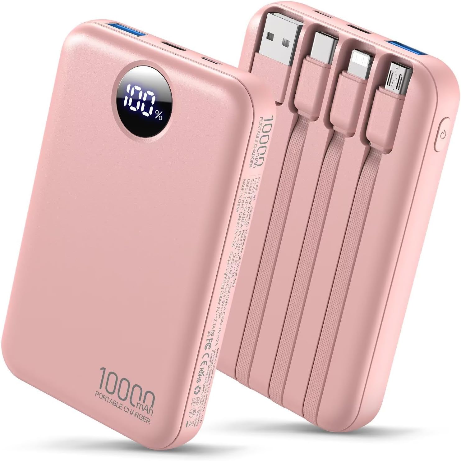 Portable Charger 10000mAh Power Bank with 4 Built-in Cables,LED Display Compact and Battery Pack with Multiple USB Ports All-in-One Travel Charger for iPhone,Android and Other Devices-Pink