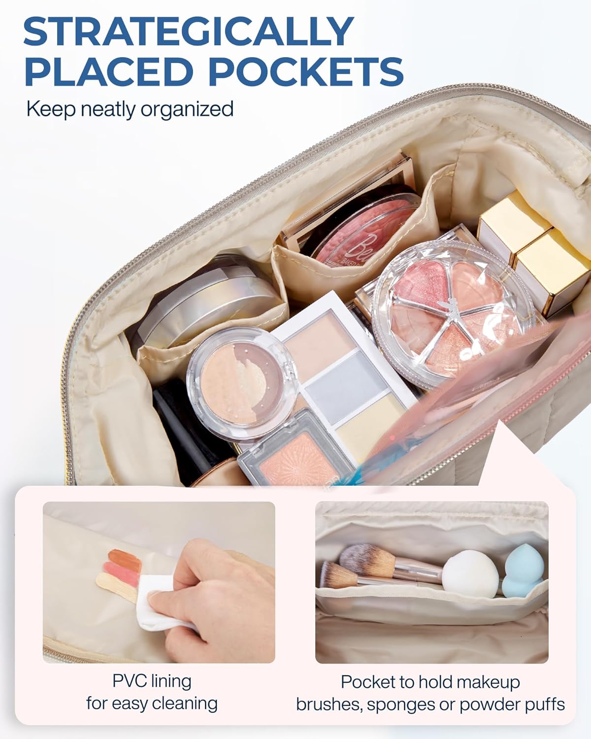 BAGSMART Makeup Bag Travel Toiletry Bag, Puffy Padded Make Up Bags for Women Makeup Organizer Case, Wide-open Pouch Purse Travel Essentials Toiletries Accessories Brushes, Camel - Image 4