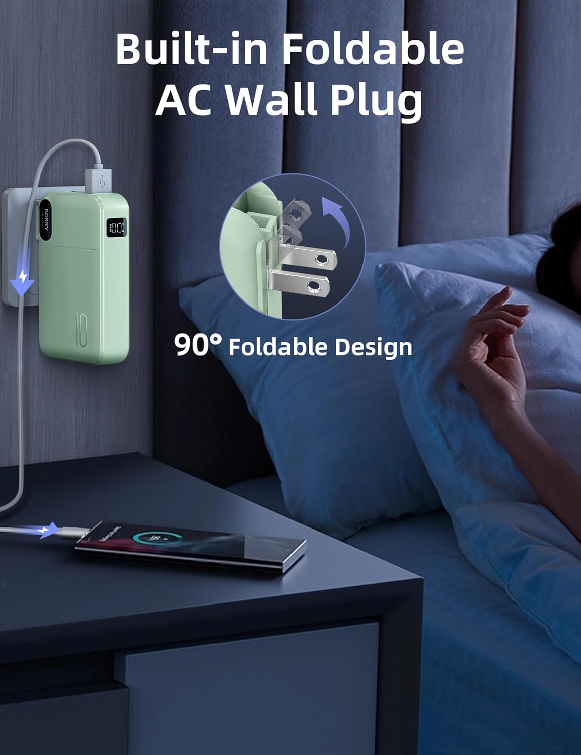 RORRY Portable Charger Built in Cables, AC Wall Plug In Portable Charger Power Bank 10000mAh Travel Battery Pack 22.5W Fast Charging for iPhone 17/16/15 Samsung Galaxy S25/S24/S23 Pixel LG iPad, Green - Image 5