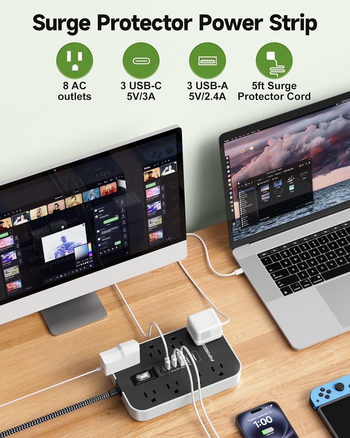 Power Strip Surge Protector- 5FT Flat Plug Extension Cord, 8 AC Outlet& 6 USB Ports(3 USB C), 1080 J Surge Protection, Desk Charging Station, Overload Switch, Home, Office, Gaming Room Essentials. - Image 2