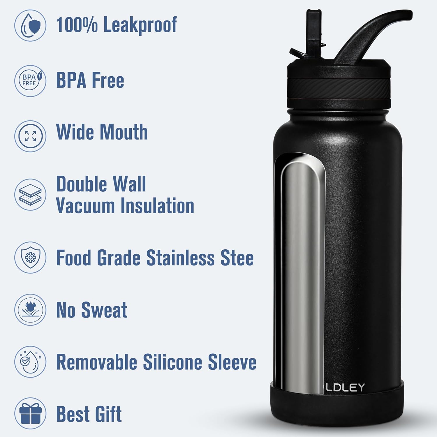 OLDLEY 32 oz Insulated Water Bottle With Straw, Stainless Steel Sports Water Cup Flask with 3 Lids(Straw, Spout and Handle Lid) Double Walled Travel Thermal Canteen Mug,Black - Image 3